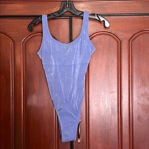 Nike Shiny Blue One Piece Bathing Suit With Logo Front Size 10